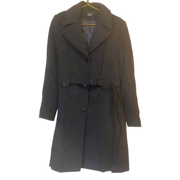 DKNY Charcoal Wool Cashmere Coat Belted Long Overcoat Size 12 NWOT Quiet Luxury - Picture 1 of 11